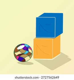A clean and vibrant vector illustration featuring two stacked 3D cubes (blue and yellow) positioned next to a round ball with an intricate, colorful stained-glass or mosaic pattern. The design uses bold colors and simple outlines, making it ideal for educational materials, childhood-themed graphics, or nursery decor.