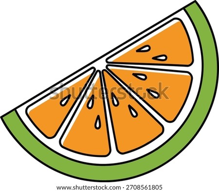 A clean and vibrant vector illustration of a fresh orange slice featuring bold outlines, six juicy segments, visible seeds, and a contrasting green rind.