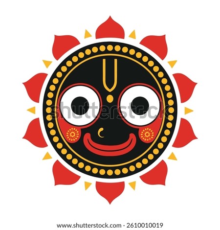 A clean and vibrant vector illustration of Lord Jagannath, featuring a minimalist design with a striking sun motif. Perfect for spiritual, cultural, or devotional artwork and decor  Indian traditions