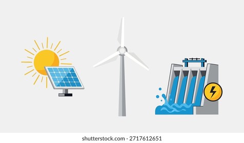 Una Ilustración vectorial limpia y vibrante que muestra las fuentes primarias de energía renovable, incluidos los paneles solares que toman el sol bajo las turbinas eólicas que aprovechan la brisa y una presa hidroeléctrica