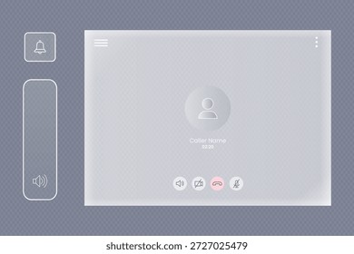 Saubere Videoanruf-Interface-Design mit Optionen Menü und Anruf-Management-Tasten mit mattiertem Glaseffekt und transluzenten Panels für moderne digitale Anwendungen in Vektorgrafik.