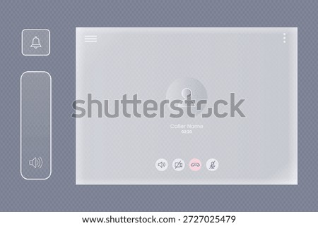 Clean video call interface design showcasing options menu and call management buttons using frosted glass effect and translucent panels for modern digital applications in vector illustration.