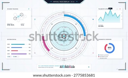 Clean virtual tech dashboard with central circular HUD scanner, node tracking, telemetry chart, system status bars and diagnostic gauge on light grid