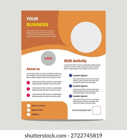 Design Visual Flyer limpo para materiais promocionais. Este design de panfleto visual limpo é adequado para materiais promocionais que exigem clareza e equilíbrio. O layout concentra-se na legibilidade e no fluxo estruturado de informações. Projetado para uso impresso e digital, adapta-se bem a diferentes temas promocionais. O formato personalizável permite liberdade criativa, mantendo uma aparência profissional.

Um modelo de folheto de marketing versátil e profissional projetado para pequenas empresas e start-ups para promover efetivamente seus serviços e produtos com um espaço reservado proeminente para um logotipo da empresa e um slot de imagem circular para conteúdo visual, juntamente com seções para uma narrativa Sobre Nós, uma descrição de Nossa Atividade e principais informações de contato, como endereço de e-mail do número de telefone e site, todos apresentados com uma estética limpa e moderna usando tons de cor laranja quente e branco para criar um layout convidativo e envolvente adequado para uma ampla gama de necessidades de comunicação de negócios e campanhas promocionais
