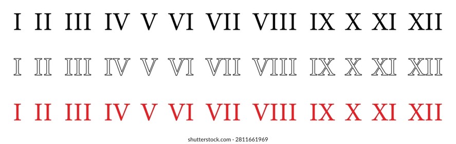 A clean visual presentation of Roman numerals I through XII in three distinct colors. Ideal for educational materials and design projects requiring temporal or sequential representation.