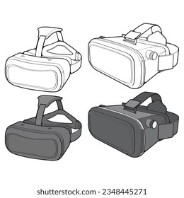 Clean VR headset outline and color vector illustration set designed for technology product listings, virtual reality presentations, UI interfaces, and editable tech design templates. Isolated virtual reality devices suitable for apps, ecommerce electronics, branding, and commercial use.