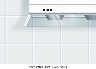 Muro limpio de la cocina en 3d ilustración. Pared de baldosas blancas y elementos de diseño de chimenea de cocina para el fondo del cartel publicitario.