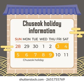 Um modelo de aviso de feriado de Chuseok limpo e quente com uma casa de telhado de azulejos coreana tradicional (Hanok) com um calendário, exibindo claramente informações de encerramento de férias.