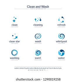 Clean and wash creative symbols set, font concept. Water refresh, laundry service abstract business logo. Swirl, shine, sparkle star icon. Corporate identity alphabet, logotype, company graphic design