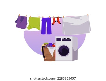 Clean washed clothes drying on rope after laundry and washing machine at color decorative backdrop, flat vector illustration isolated on white background.