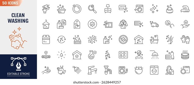 Clean washing line editable icon set. Containing Wash, water, home, clean, laundry, cleaning, hygiene and more. Vector illustration