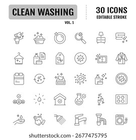 Clean washing line editable icon set. Editable stroke. Vector illustration