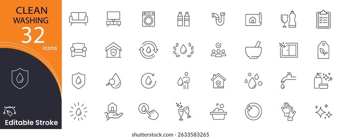 Clean washing related icons set. Including laundry, soap, water, cleaning, detergent, machine, brush, and hygiene. Editable stroke. outline icons.