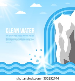 Clean water background with glacier with waterfall and ocean waves flat vector illustration