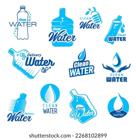 Clean water delivery icons. Bottled drinking water production and distribution company vector symbols, mineral water delivery service blue icons with drops, bubbles and gallon bottles, jugs