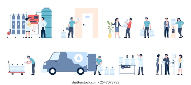 Fornecimento de água limpa e processo de purificação. Cientista pesquisa líquidos para beber. Transporte, distribuição e logística de cenas vetoriais recentes