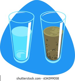 Clean Water And Dirty Water With Sludge In Tall Glasses. Isolated. On Blue Background.