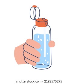 Clean water drink in recycled bottle with open cap in hand. Holding detox sparkling clear aqua. Healthy summer cold refreshment beverage. Colored flat vector illustration isolated on white