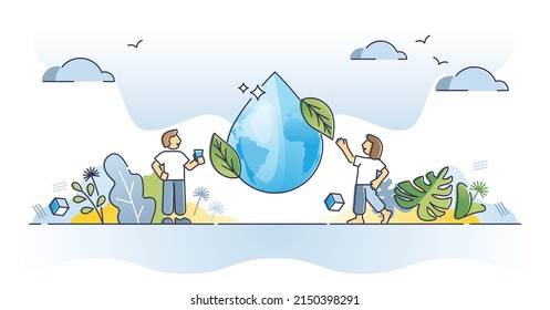 Concepto de esquema de consumo de recursos naturales y agua potable. Pureza y frescura para el agua mineral con ilustración de vectores de control sanitario. Bienestar y salud con equilibrio líquido.