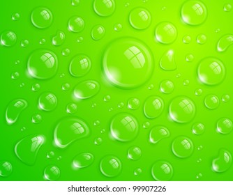 Clean water drop background on green surface