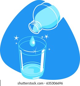 Clean water drop from bottle into clear drinking glass. Material design style. Isolated. On blue background.