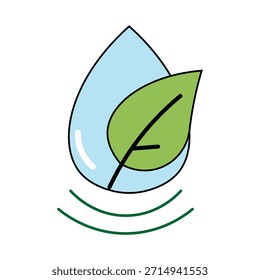 Sauberer Wassertropfen, grünes Blatt und Wellenlinien symbolisieren in einer einfachen grafischen Darstellung ökologische Nachhaltigkeit und die Erhaltung natürlicher Ressourcen.
