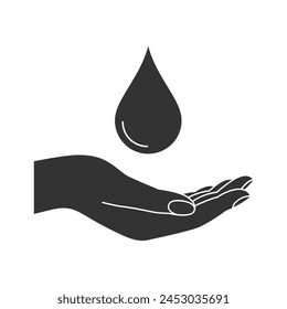 Clean water drop in the human hand graphic icon. Save water symbol isolated on white background. Vector illustration