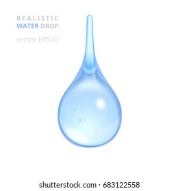 Clean water drop. Vector realistic 3D droplet of pure water, rain, tear or dew. Beautiful convex drip of natural shape with a thin long tail and refraction. Light shades of blue. Isolated object. 
