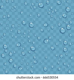 Clean water drops of dew on transparent background. Vector illustration seamless