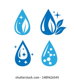 Clean water drops with leaves and sparklers.  Vector design elements.