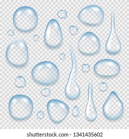 Clean water drops. Reflective liquid fresh splashes of transparent water vector realistic pictures