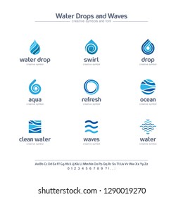 Clean water drops and waves creative symbols set, font concept. Fresh swirl blue color abstract business logo. Ocean, sea, spiral icon. Corporate identity alphabet, logotype, company graphic design