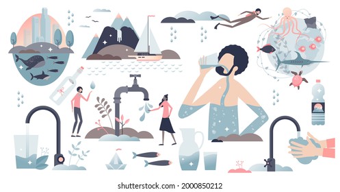 Clean water elements with pure drinking droplets tiny person collection set. Purified rain liquid for healthy drinking vector illustration. Marine life and faucet with fresh and clear mineral water.