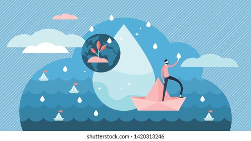 
Clean Water Flat Tiny Person Concept Vector Illustration. Planet Earth Ecological Environment And Ocean Natural Balance Scene. Pollution Removal And Drinking Water Resources Preservation Initiative. 