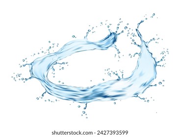 Clean water flow splash with splatters. Isolated realistic 3d vector liquid round wave with dynamic droplets in motion. Blue, transparent fluid aqua pour, fresh drink stream with drops and bubbles