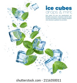 Clean water, ice crystal cubes with mint leaves and bubbles. Menthol, cool mint, peppermint, spearmint, mojito or lemonade drink wave splash and 3d isolated realistic vector falling frizen cubes