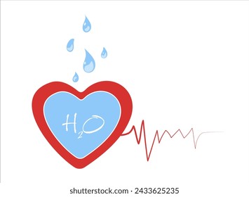 Clean water inside red heart symbol of health. Vector icon with drops of transparent water and cardiogram isolated on a white background for the design of posters, medicine, business, pharmacy, sport