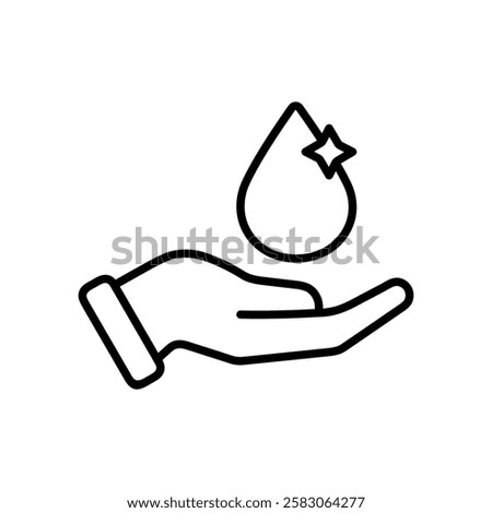 Clean Water line icon, Hand delicately holds a water drop adorned with a star. Ideal for nature, beauty, creativity, and wonderthemed projects and designs.