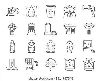 Clean water line icon set. Included icons as drink, drinkable, filter, purifiers, moisture and more.