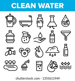 Clean Water Line Icon Set Vector. Nature Care. Drop Fresh Clean Water. Drink Eco Icon. Thin Outline Web Illustration