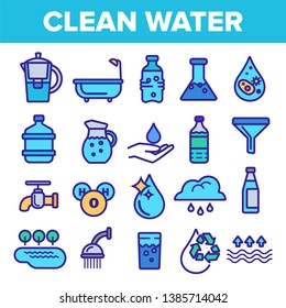 Clean Water Line Icon Set Vector. Nature Care. Drop Fresh Clean Water. Drink Eco Icon. Thin Outline Illustration