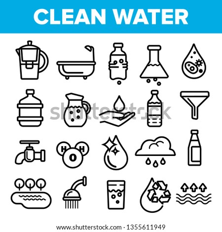 Clean Water Line Icon Set Vector. Nature Care. Drop Fresh Clean Water. Drink Eco Icon. Thin Outline Web Illustration