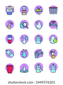 Clean water line icons set. Filter, plastic bottles, tap, glass, dispenser, rain drops, office cooler, cleaner, aqua. Thin icon collection for fresh water for drink, water purifying topics