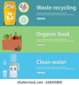 Clean water, organic food and waste recycling. Set of nature and organic icons in flat design, bio and environment concept on banners.