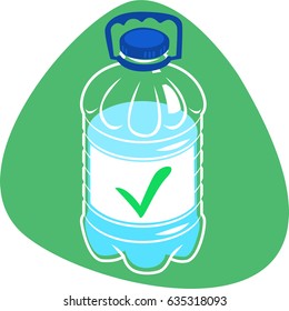 Clean water in plastic bottle with green tick sign on white label. Isolated. On green background.