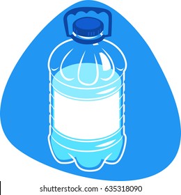 Clean water in plastic bottle with white label, plastic handle and cap. Isolated. On blue background.