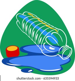 Clean water puddle with open plastic bottle and red cap. Material design colors. Isolated. On green background.