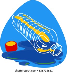 Clean water puddle with open plastic bottle and red cap. Material design colors. Isolated. On blue background.