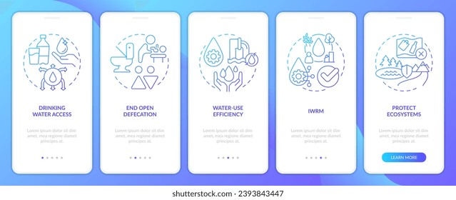 Clean water and sanitation blue gradient onboarding mobile app screen. Walkthrough 5 steps graphic instructions with linear concepts. UI, UX, GUI template