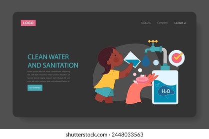 Clean water and sanitation dark or night mode web, landing. Ensuring access to safe drinking water and hygiene facilities. Environment, climate and nature preservation. Flat vector illustration